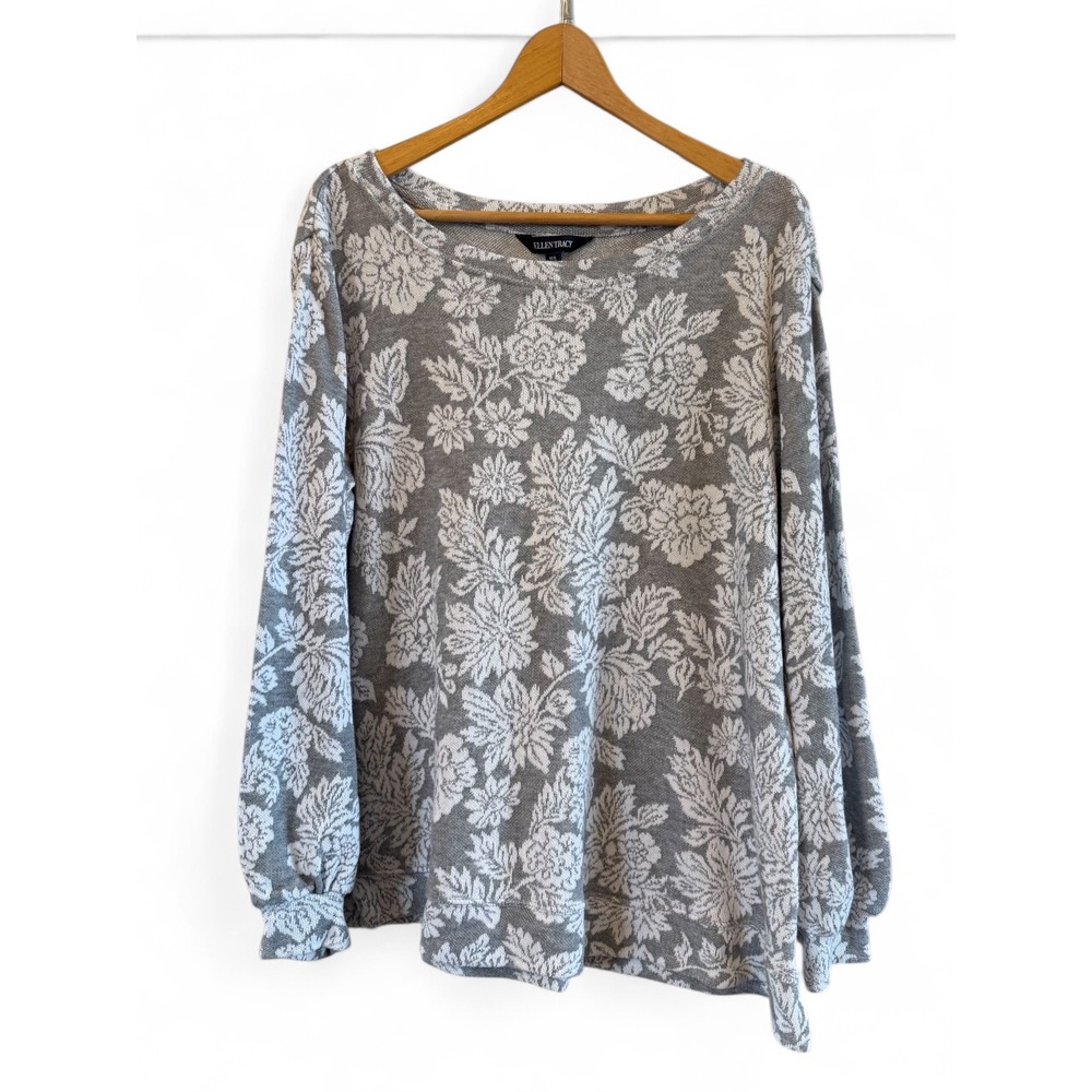 Pretty Wmns Gray/White Ellen‎ Tracy Floral Jacquard Crew Neck XL Top/Sweatshirt